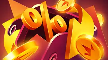 Изображение золотого символа процента в окружении золотых монет, символизирующее кэшбэк-бонус в Онлайн-казино Аврора.